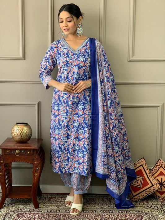 Royal Blue Petal Cotton Suit Set