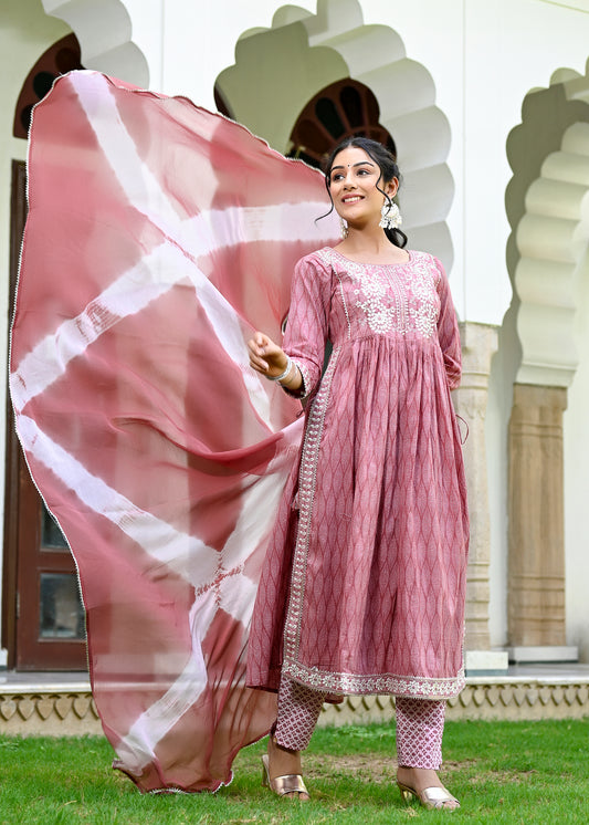 Onion Pink Sequin Embroidered Nayra Cut Cotton Suit Set