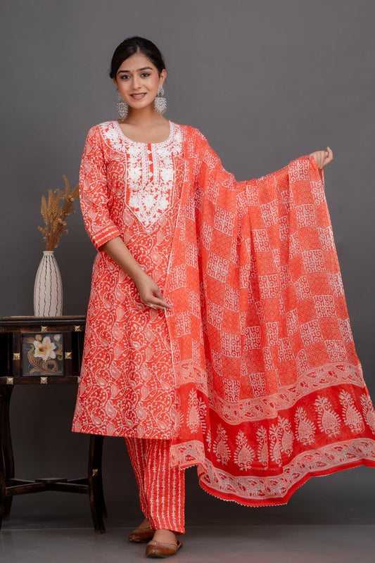 Orange Batik Print Cotton Suit Set