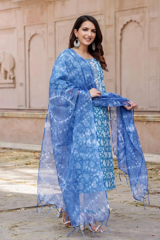 Powder Blue Floral Fantasy Cotton Suit Set