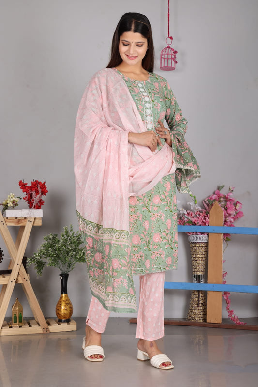 Serene Pista Green & Pink Floral Print Cotton Suit Set