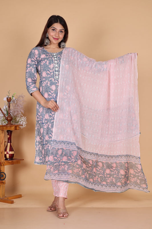 Serene Grey & Pink Floral Print Cotton Suit Set