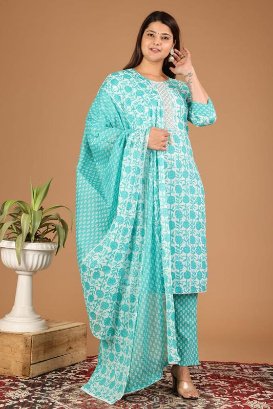 Turquoise Batik Print Cotton Suit Set