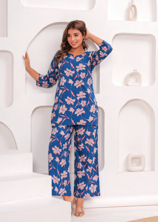 Floral Blue Organic Printed Pure Cotton Coord Set