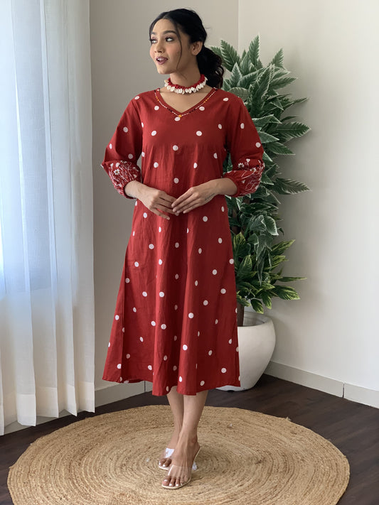 Magic Maroon Polka Dot Floral Embroidery Dress