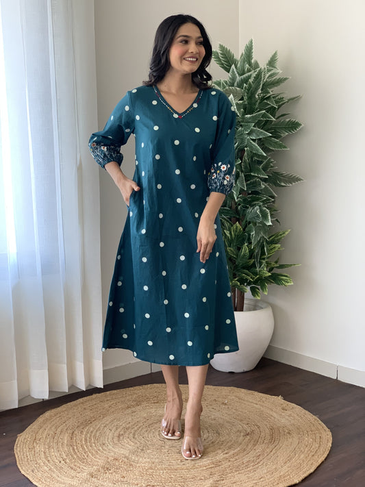 Regal Rama Polka Dot Floral Embroidery Dress