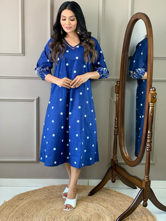 Royal Blue Polka Dot Floral Embroidery Dress