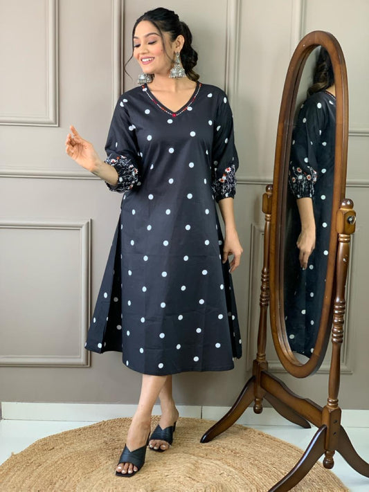 Charcoal Black Polka Dot Floral Embroidery Dress